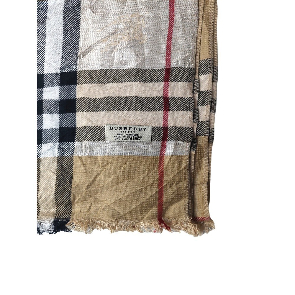 Vintage Burberry Check Gold Silver Tan Black Red 100% Cashmere Shawl Scarves - Picture 3 of 3